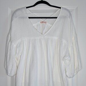 Ces Femme White Cotton Gauze Blouse V-Neck Bubble Sleeves Med Coquette Romantic